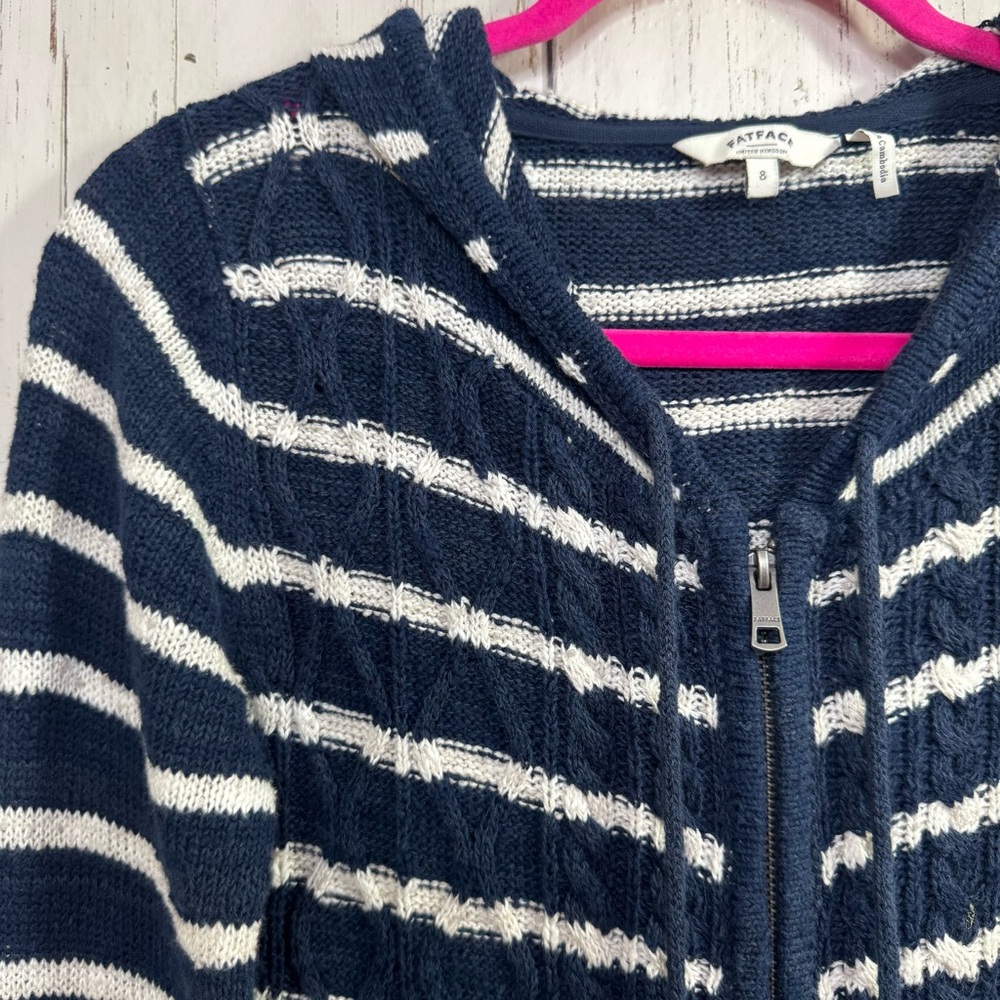 FatFace Striped Knit Hoodie Cardigan Navy White Size 8 Preppy Coastal Grandma - Picture 4 of 15